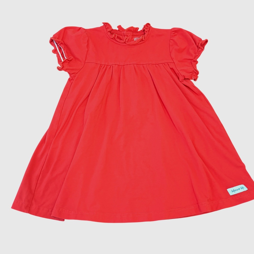 Merce and Me Girls 4 Red Ruffle High Neck Puff Sleeve Button Back Dress Classic